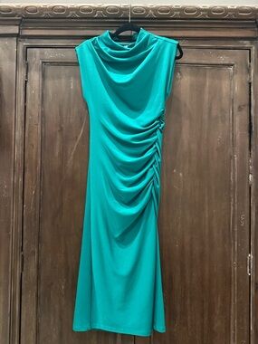 Anthropologie Teal Cowl-Neck Sleeveless Midi Dress with Side Ruching